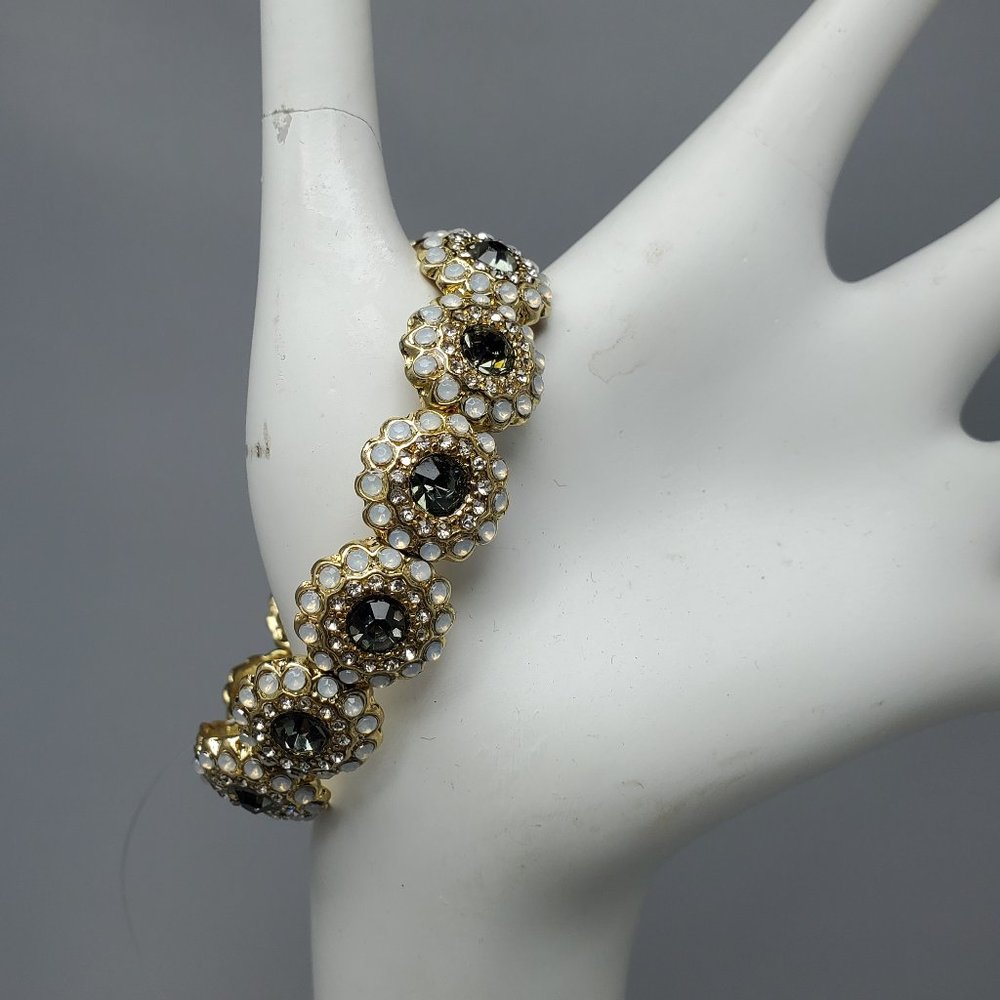 MYSTIQUE rhinestone with white opal pearl and jet stone  gold stretch bracelet